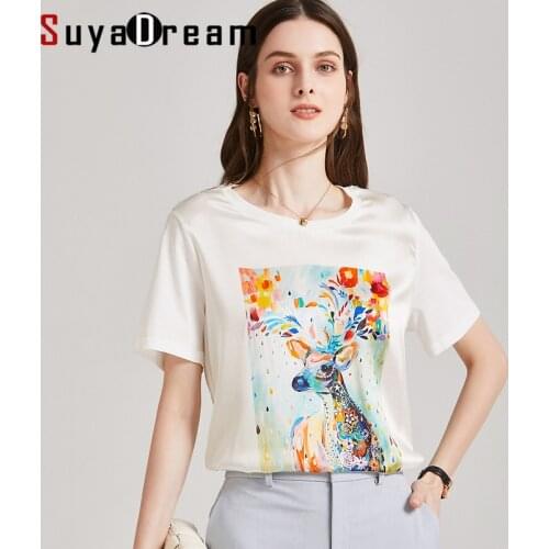 SuyaDream Women White T Shirt Real Silk and Cotton O Neck Short Sleeves Print Shirt 2021 Spring Summer Silk Top 3XL Plus Size
