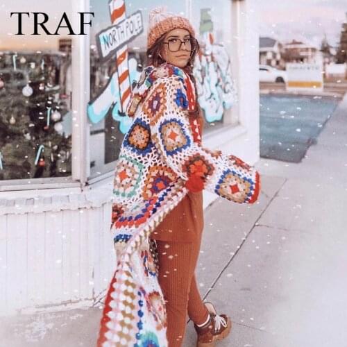 TRAF ZA Cardigan For Women Autumn Fashion Woman Clothes Long-Sleeved Hooded Knitwear Plaid Long Coat Vintage Knitted Sweater