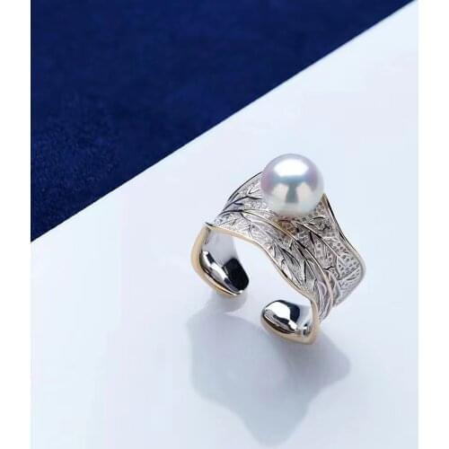 Solid 925 Sterling Silver Round 8-8.5mm Nature Fresh Water Akoya White Pearl Rings for Women Fine Birthday Presents