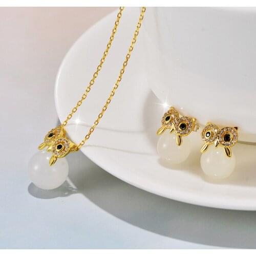 S925 Sterling Silver Gilded Natural White Jade Owl Necklace Earring Set Fine Lovely Wedding Jewelry for Women Free Shipping