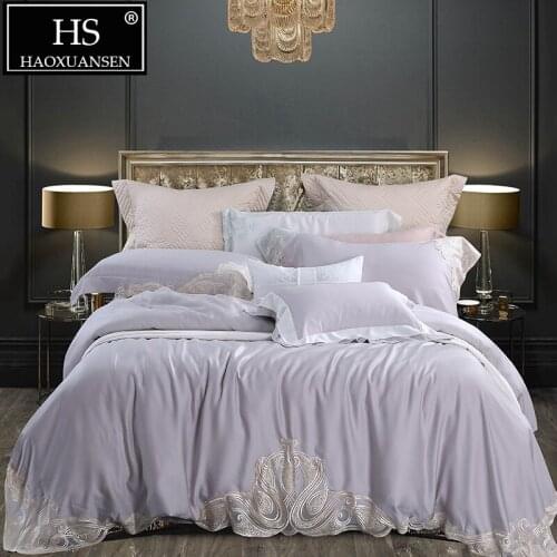 Grey 100% Tencel Lyocell Lace Bedding Sets Natural Organic Silky Soft 4pcs Bedclothes Queen King Size 800 Thread Count Density
