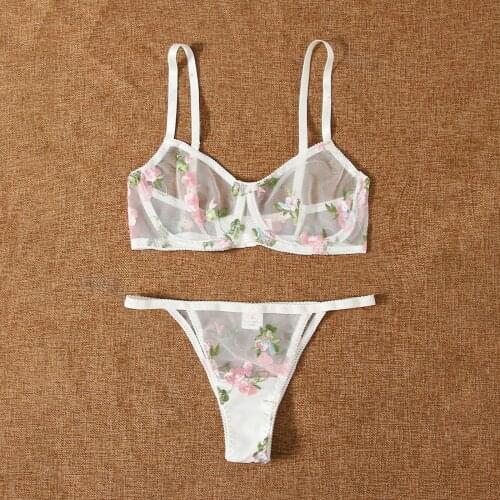 Flower Embroidery Lingerie Set Women Exotic Underwear See Through White Mesh Bra Panties Sets Sexy Nightwear Bielizna Erotyczna
