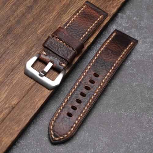 Leather Strap Wholesale 20 22 24 26MM Italian First Layer Cowhide Material Handmade Retro Style Watchband, Hand-Stitched