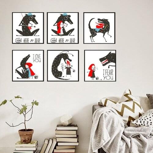 Little Red Riding Hood And Big Wolf Canvas Painting Grimms Fairy Tales Poster Childrens Room Oil Painting Wall Art Home Decor