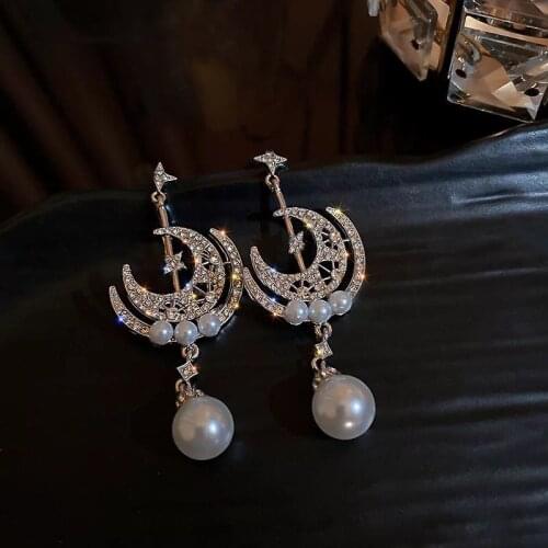 Moon Star Moon Pearl Dangle Earrings Light Luxury Fairy Style Retro Earrings