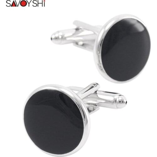SAVOYSHI Fashion Round Silver color Cufflinks for Mens French shirt High Quality Black Enamel Cuff link Father Gift Male Jewelry