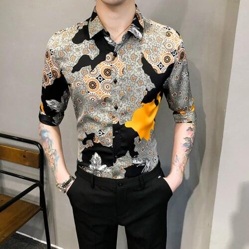 2021 New Mens Fashion Business Printed Sleeve Shirt Mens Brand Spring and Summer Slim Personality British Shirt three quarter