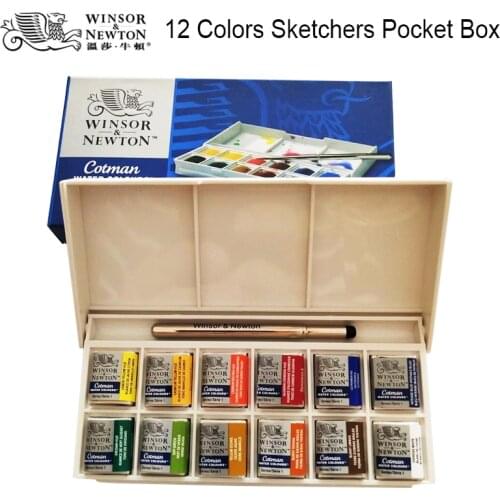 Winsor&Newton 12 Colors Cotman solid WaterColor Pigment Pocket Set 12 half pans and a brush pen