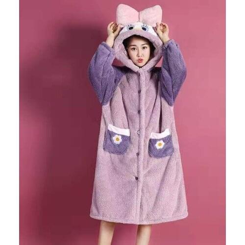 New Autumn Winter Hooded Women Sleepwear Robe Night Gown Flannel Warm Bathrobe Cartoon Nightdress For Adult