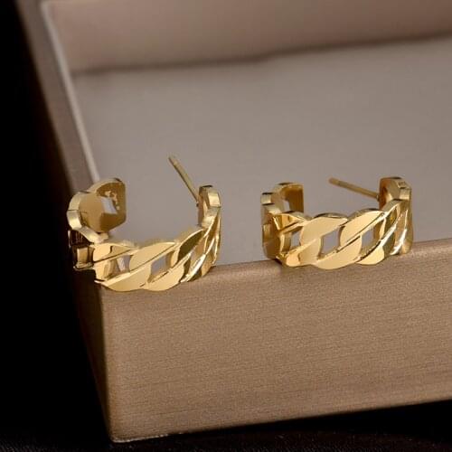 New Fashion Punk Gold Circle Hollow Out Metal Hoop Earrings Stainless Steel Geometric C Shape Ear Rings Women Jewelry Gifts