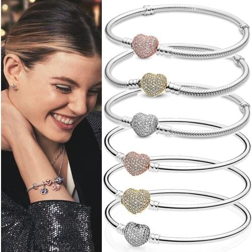 New 925 Silver Pan Heart-shaped Button Set Snake Bone Bracelet Fashion Thread Snake Bone Chain Womens Gift