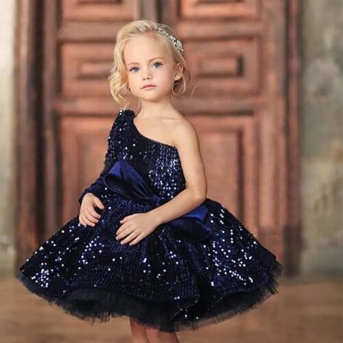 New Deep Blue Glitter Tulle Girls Party Dresses Princess Dresses One Shoulder Kids Birthday Prom Party Gown Flower Girl Dresses