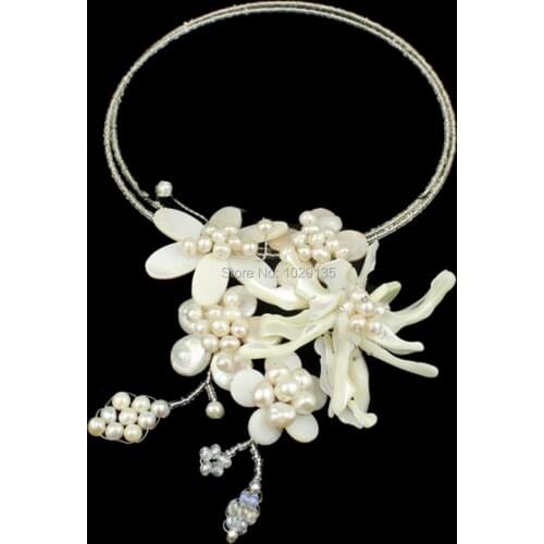 White shell flower freshwater pearl necklace 18inch wholesale beads nature gift discount FPPJ