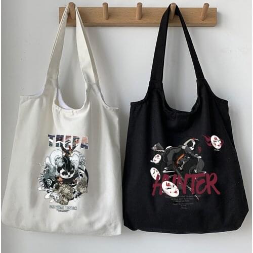 Anime Cartoon Print Casual Tote Handbags Grunge Ulzzang Chic Women Fashion Foldable Canvas New Goth Ins Shoulder Shopper Bags