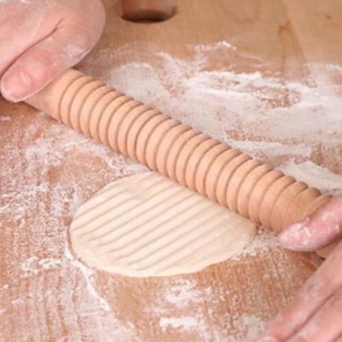 1pc Wooden Thread Rolling Pin French Wooden Baking Rolling Roller Pin Roll Dumpling Tool Skin Dough For Bread/ Pizza