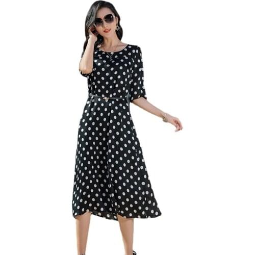 TML21805 New 2021 Spring High-End Temperament Polka Dot Print Slim Fit Waist round Neck Mid-Length 100% SILK Dress