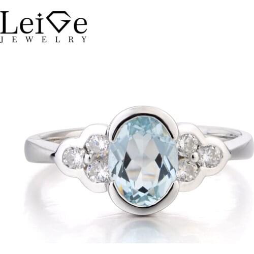 Leige Jewelry Natural Blue Aquamarine Ring Wedding Ring March Birthstone Oval Cut Gemstone Solid 925 Sterling Silver for Women