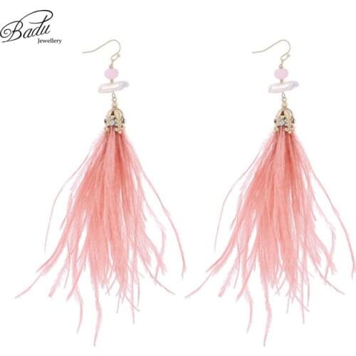 Badu Baroque Drop Earring Pink Feather Freshwater Pearl Pendant Vintage Long Dangle Earrings for Women Christmas Jewelry