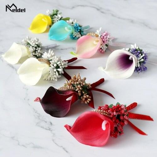 Meldel Women Brooch Wedding Corsage Pins White Wedding Corsages and Boutonnieres Buttonhole PU Calla Man Marriage Accessories
