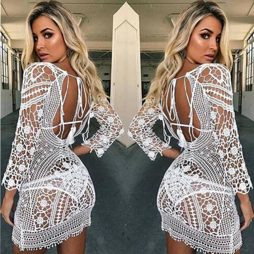 Swimwear Cover Up Women White Lace Tunic Beach Dress Clothing Backless Bathing Suit Crochet Bikini Swimming Beach Wear