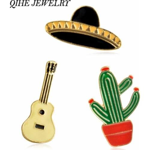 QIHE JEWELRY Hat Guitar Mexican Cactus Enamel Pin Badge Metal Girls Jeans Bag Decoration Gift Fashion Jewelry Wholesale