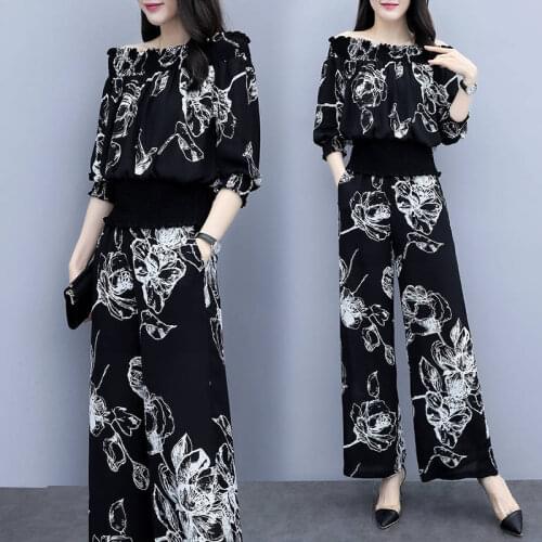 Work Pant Suits 2 Piece Sets Chiffon Shirt Print Slash neck Blouse & pants Trousers Suit For Women set