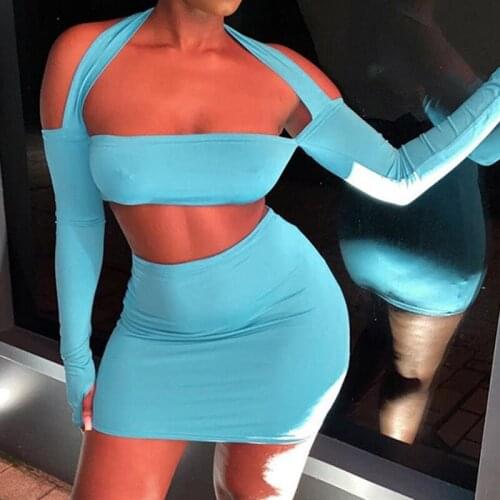 Spring 2021 Women Sexy Two Piece Outfit Long Sleeve Slash Neck Crop Top And Skirt Sets CLub Party Skinny Streetwear Tracksuits