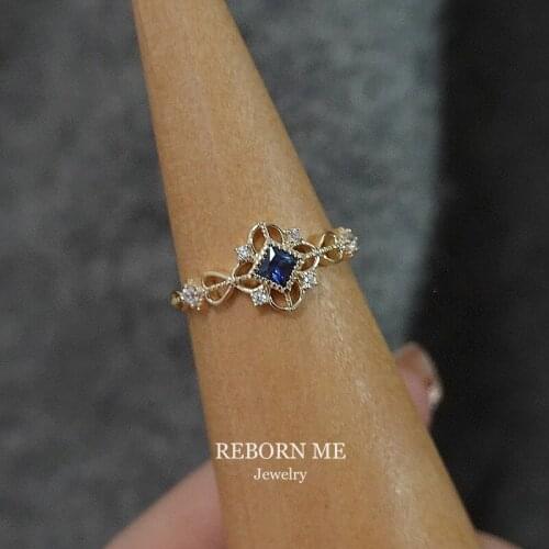 Natural Sapphire 2021 New 9k Gold Ring Female Retro Palace Princess Hollow Simple Temperament Luxury Elegant Retro
