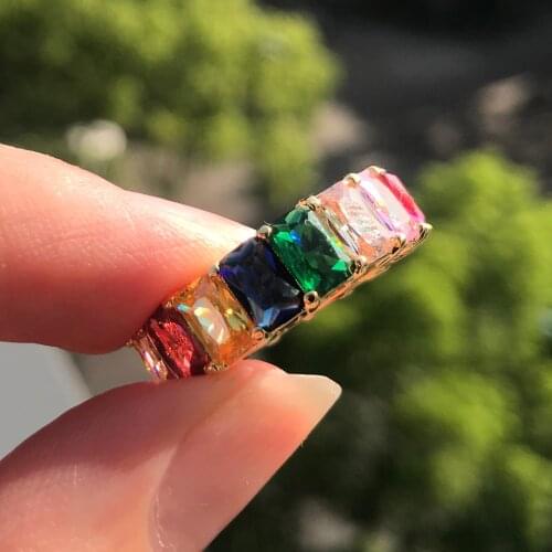 Charm Female Rainbow Crystal Stone Ring Vintage Gold Color Wedding Rings For Women Dainty Bridal Square Zircon Engagement Ring