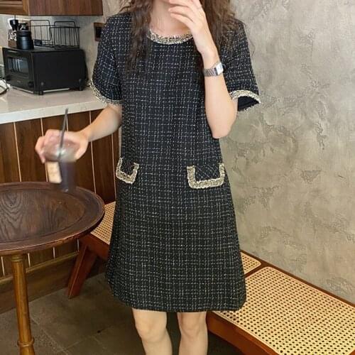 2021 New Womens Retro Little Fragrant Gold Silk Thread Woven Plaid Short Sleeve Dress High Quality Tweed Temperament Dresses