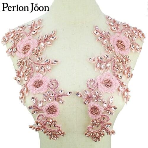 1 Pair Pink flowers crystal lace applique high-end bridal wedding dress rhinestone glass neckline decoration Accessories WH051