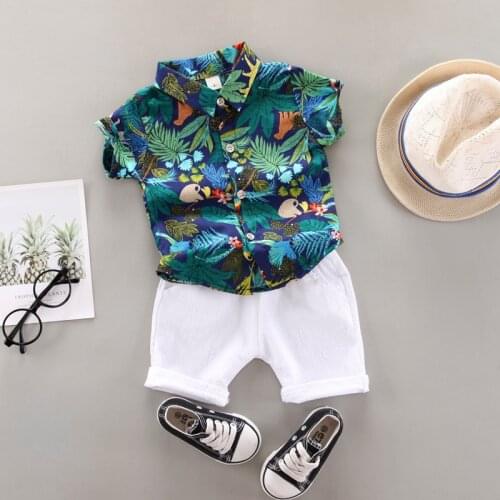 2021 Summer Short-sleeved Pants Suit Pullover Cartoon Print Casual Beach Shirt Fashion Suit Baby Boy Clothes Set Kids Clothes
