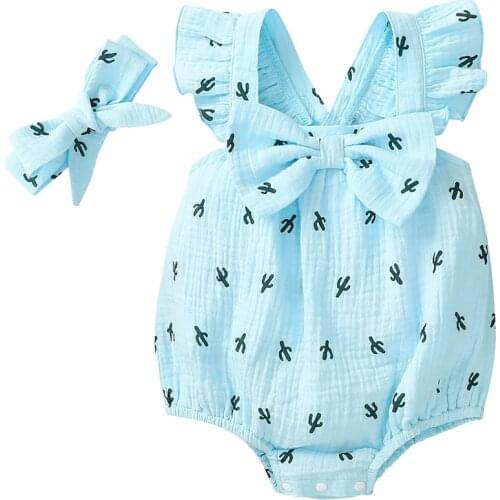 2021 0-18M Cute Baby Girl Romper Cactus Print Sleeveless Bow Square Collar Jumpsuit with Ruffles+Bow-knot Headband Summer 2pcs