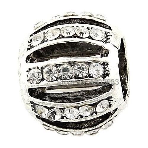 5pcs Vintage Silver Color Big Hole Beads Inlay Clear Rhinestone Fit European Charm Bracelet Jewelry DIY EE402