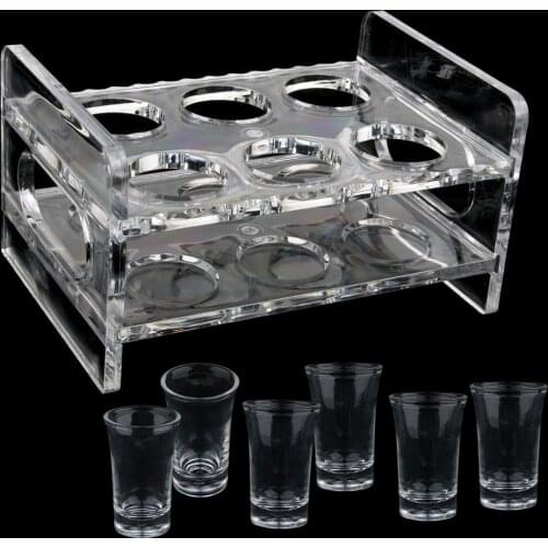 6PCS 35ml Shot Glass & 6-Hole Clear Acrylic Holder Rack Serving Tray Set, perfect for parties, balls, bars, pubs and home