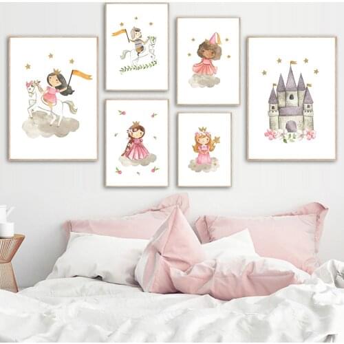 Watercolor Girl White Horse Castle Magic Wand Wall Art Canvas Painting Nordic Posters And Prints Wall Pictures Kids Room Decor
