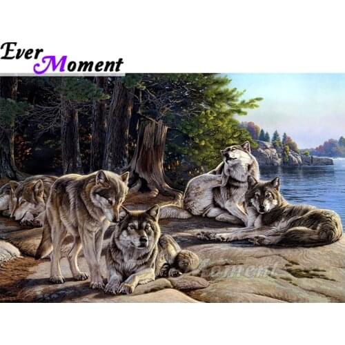 Ever Moment Diamond Painting Wolves Trees River Picture Of Rhinestone 5D DIY Mosaic Full Square Drill Diamond Embroidery ASF1580
