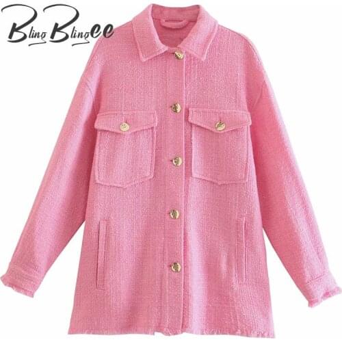 BlingBlingee Za 2021 Autumn Woman Traf Top Texture Thick Loose Shirt Drop Shoulder Raw Edge Pockets Female Long Jacket Blouses