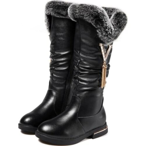 Cowhide Childrens Long Boots 2020 Winter New Girls Boots Fashion Plush Warm Snow Boots Rabbit Comfortable Fur Kids Shoes