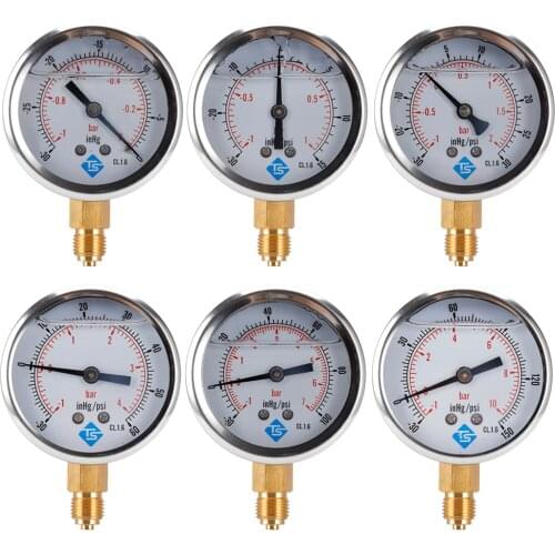 GLYCERINE FILLED PRESSURE VACUUM COMPOUND GAUGES 68mm DIAL -1/+10 Bar & -30-150inhg/psi Btm