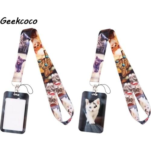 J2561 Cartoon Cat Lanyard Keychain keys Badge ID Mobile Phone Rope Lanyard With Card Holder Cover For Animal Lover