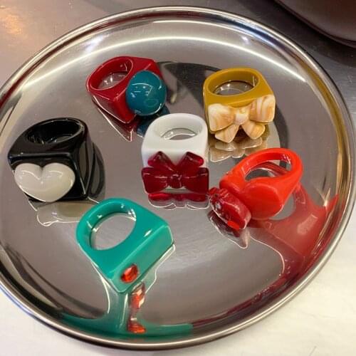 New Ins Simple Colorful Cute Resin Ring Geometric Love Cartoon Bow Rings For Women Girls Fashion Jewelry Gifts