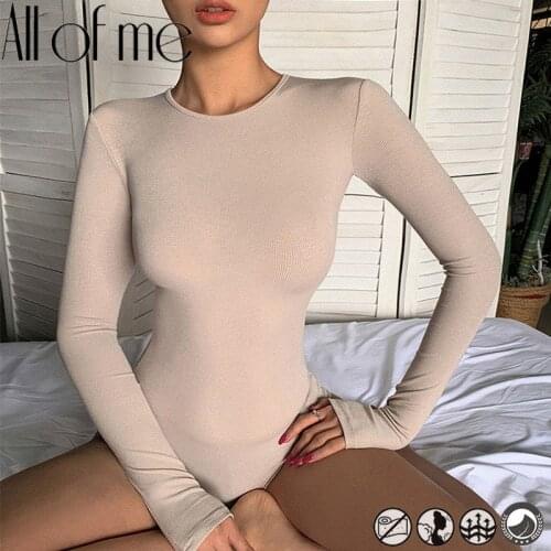Sexy Womens Bodysuit Fashion Long-sleeve Round Neck Slim Body All-match Bottoming One-Piece Cotton Bodysuit for Female Girls