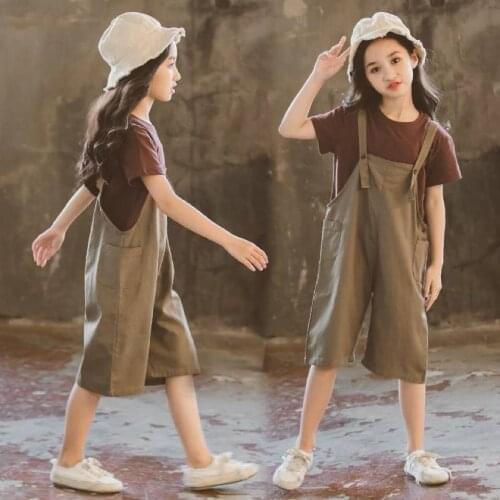 Fashion Summer 2Pcs Suits Baby Girl Clothing Set Casual Coffce Color Short Sleeve T Shirts +Short Bib Pant Sets For 100cm-150cm