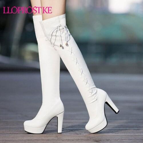 Lloprost ke 2019 fashion thigh high over the knee boots round toe lace up warm autumn winter boots thick high heels shoes H514