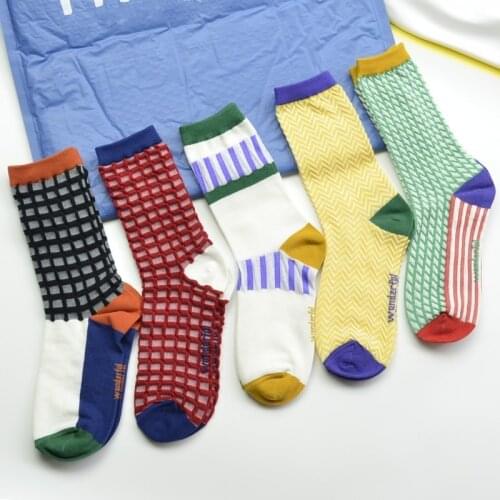 Spring Summer Colorful Combed Cotton Socks Women Fashion Plaid Creative Female Socks Original Art Jacquard Student Tide Sock