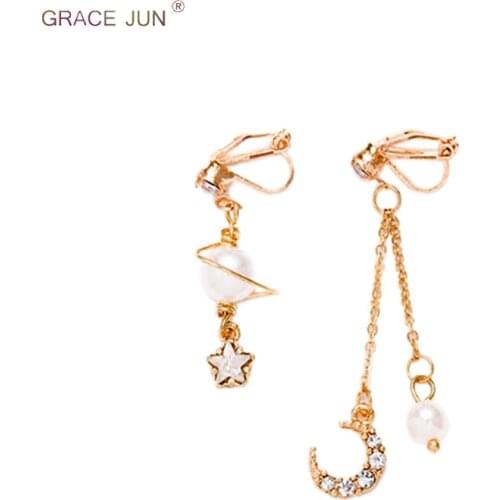 New Arrival Simulated Pearl Moon CZ Planet Stars Moon Shape Clip on Earrings for Women Long Drop Pierced Earrings Charm Earrings