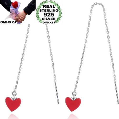 OMHXZJ Wholesale European Fashion Woman Girl Party Wedding Gift Red Heart Ear Lines 925 Sterling Silver Drop Earrings EA287