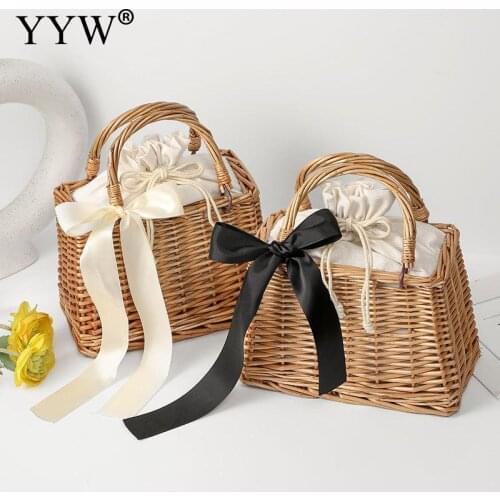 Woven Rattan Bag Pearl String Bowknot Drawstring Design With Chain Fashion Ethnic Style For Woman Daily Wear Or Matching