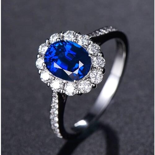 S925 Silver Sapphire Halo Ring 2CT Oval Cut Simulated Gemstone Jewelry Anniversary Gift